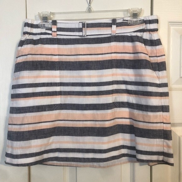 BANANA REPUBLIC Small Linen Striped Peach Blue White Mini Skirt Lined Pull-On - Picture 1 of 7